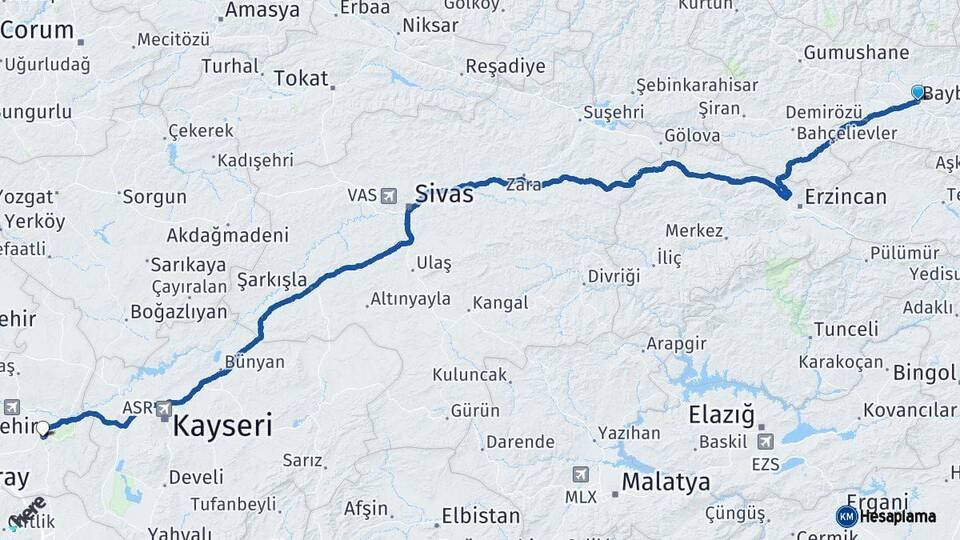 Bayburt Nevşehir Arası Kaç Km - Yol Haritası