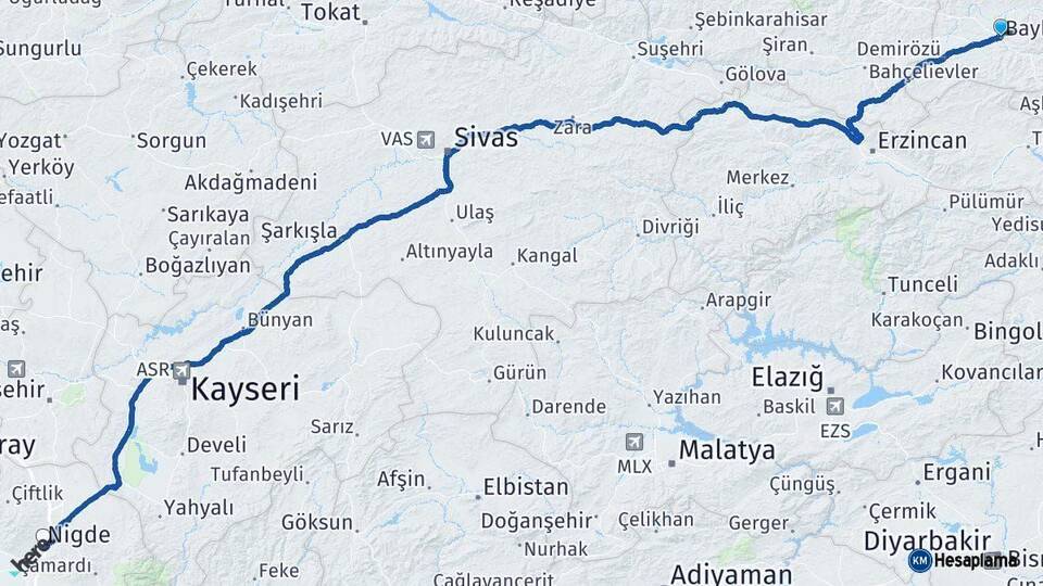 Bayburt Niğde Arası Kaç Km - Yol Haritası