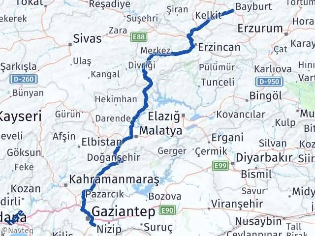 Bayburt Oğuzeli Gaziantep Arası Kaç Km - Yol Haritası