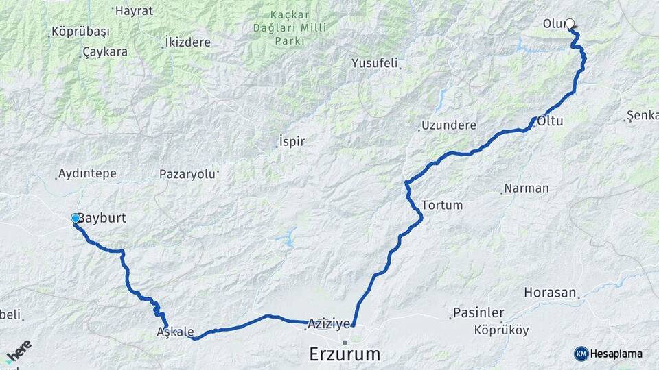 Bayburt Olur Erzurum Arası Kaç Km - Yol Haritası