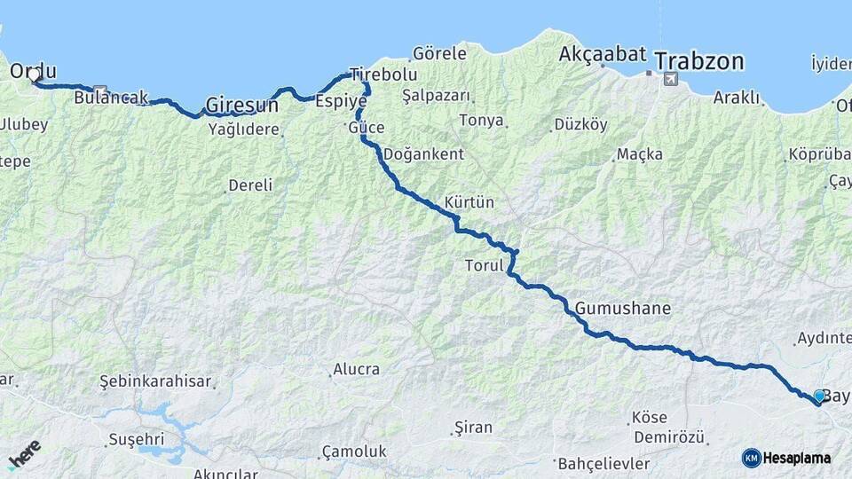 Bayburt Ordu Arası Kaç Km - Yol Haritası