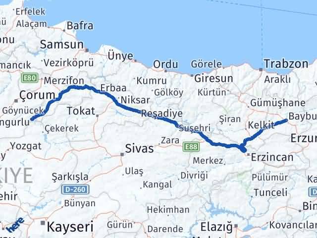 Bayburt Ortaköy Çorum Arası Kaç Km - Yol Haritası
