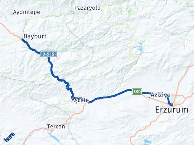 Bayburt Palandöken Erzurum Arası Kaç Km - Yol Haritası