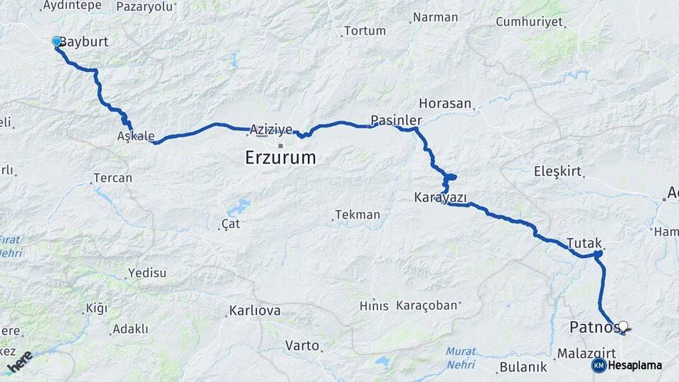 Bayburt Patnos Ağrı Arası Kaç Km - Yol Haritası