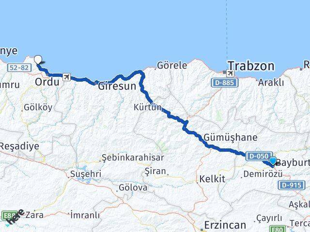 Bayburt Perşembe Ordu Arası Kaç Km - Yol Haritası