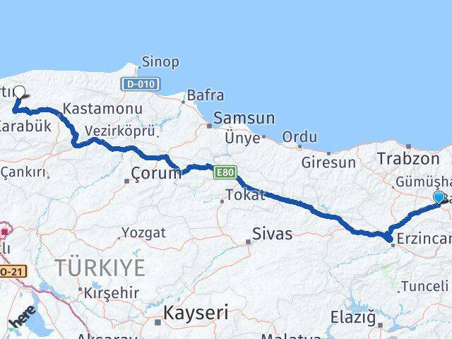 Bayburt Pınarbaşı Kastamonu Arası Kaç Km - Yol Haritası