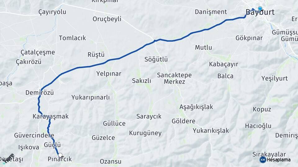 Bayburt Pınarcık Demirözü Arası Kaç Km - Yol Haritası