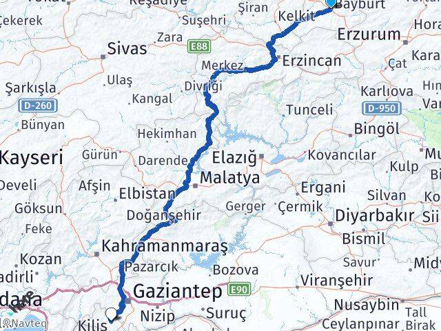 Bayburt Polateli Kilis Arası Kaç Km - Yol Haritası