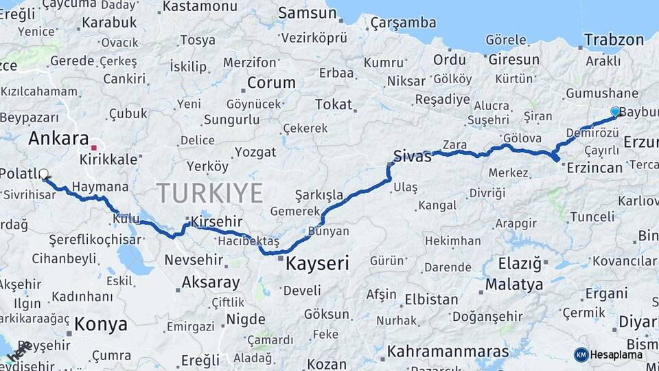 Bayburt Polatlı Ankara Arası Kaç Km - Yol Haritası