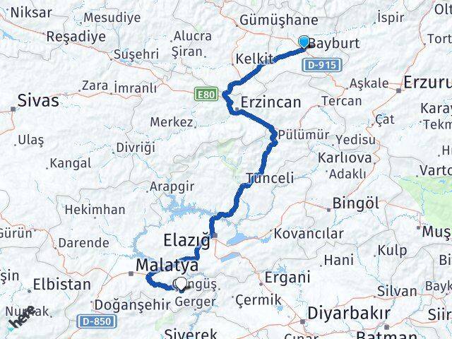 Bayburt Pütürge Malatya Arası Kaç Km - Yol Haritası