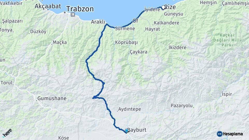 Bayburt Rize Arası Kaç Km - Yol Haritası