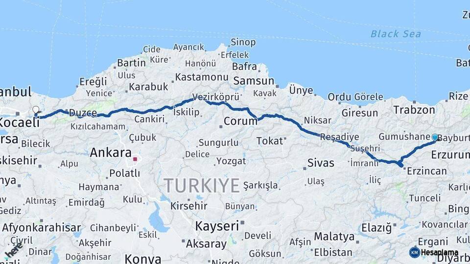 Bayburt Sakarya Arası Kaç Km - Yol Haritası