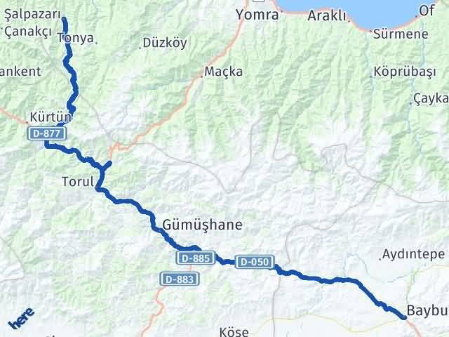 Bayburt Şalpazarı Trabzon Arası Kaç Km - Yol Haritası