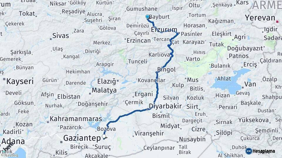 Bayburt Şanlıurfa Arası Kaç Km - Yol Haritası