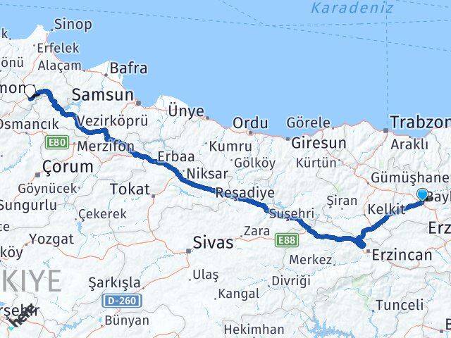 Bayburt Saraydüzü Sinop Arası Kaç Km - Yol Haritası