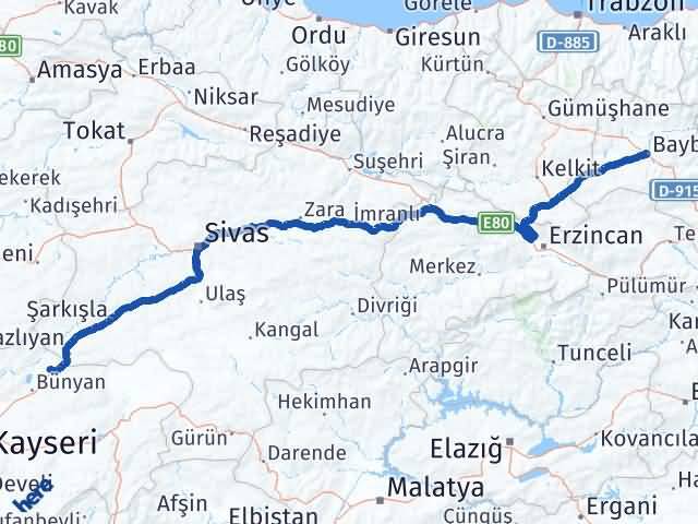 Bayburt Sarıoğlan Kayseri Arası Kaç Km - Yol Haritası