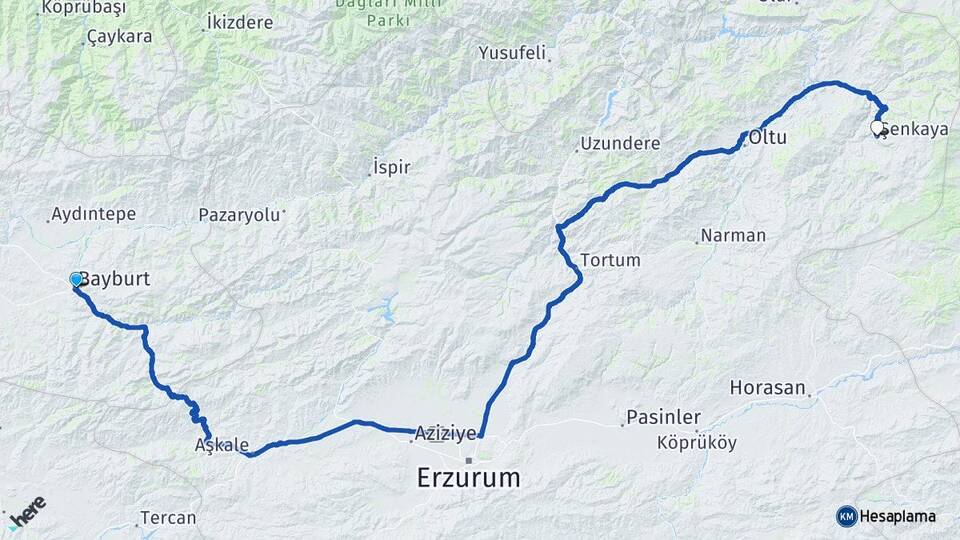 Bayburt Şenkaya Erzurum Arası Kaç Km - Yol Haritası