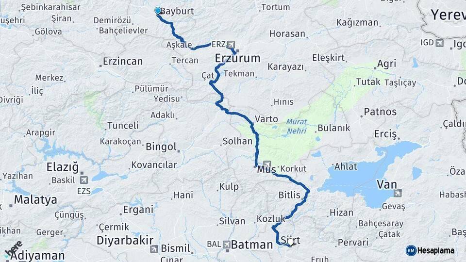 Bayburt Siirt Arası Kaç Km - Yol Haritası