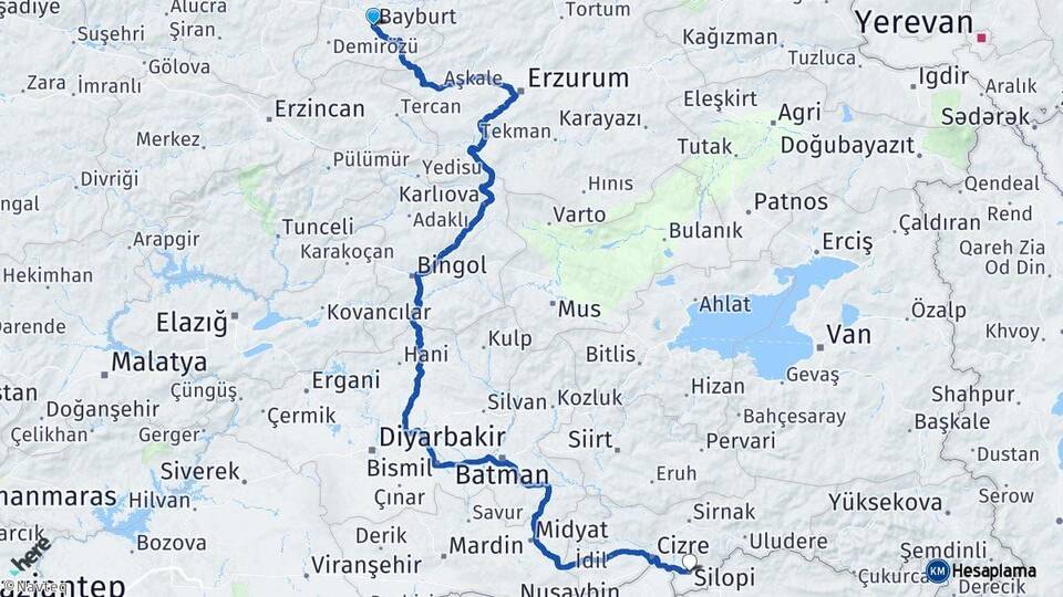 Bayburt Silopi Şırnak Arası Kaç Km - Yol Haritası