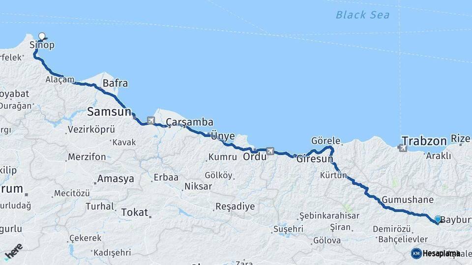 Bayburt Sinop Arası Kaç Km - Yol Haritası