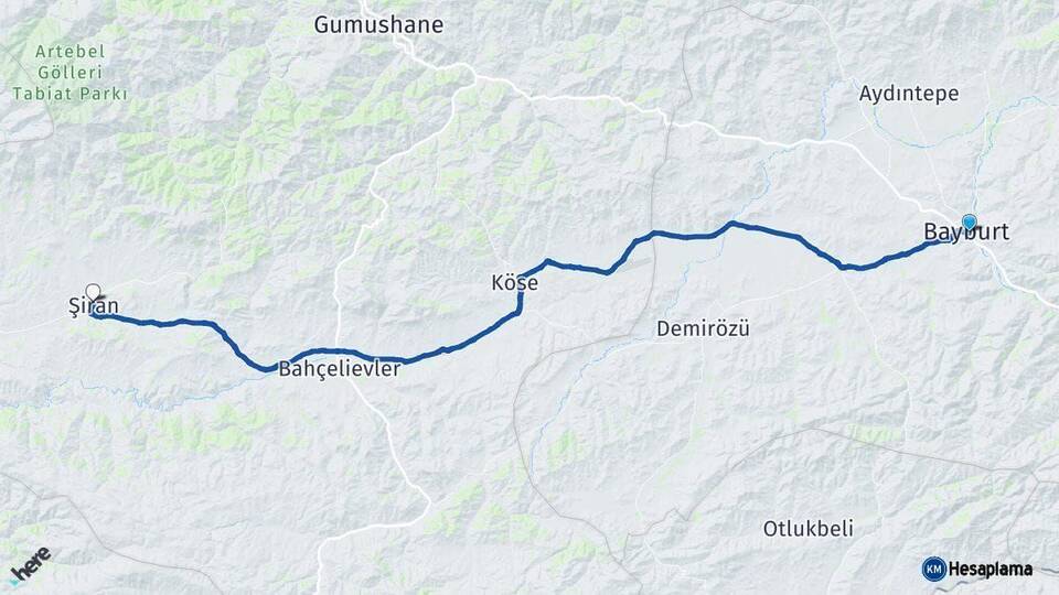 Bayburt Şiran Gümüşhane Arası Kaç Km - Yol Haritası