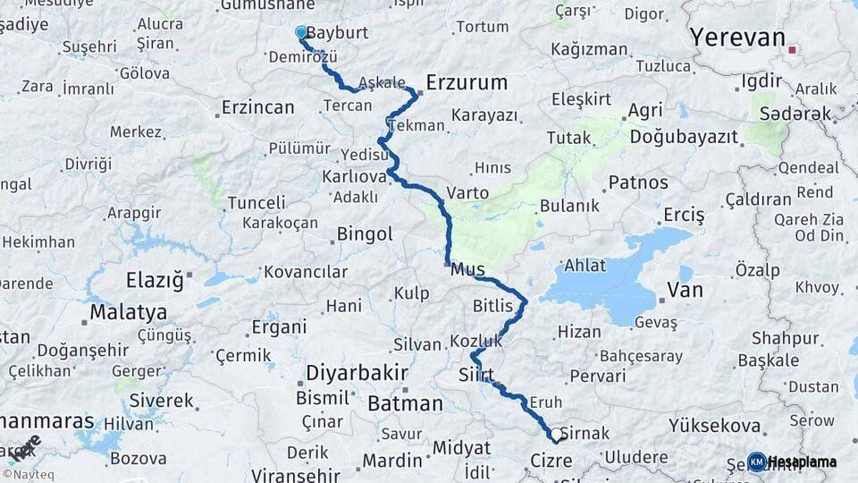 Bayburt Şırnak Arası Kaç Km - Yol Haritası