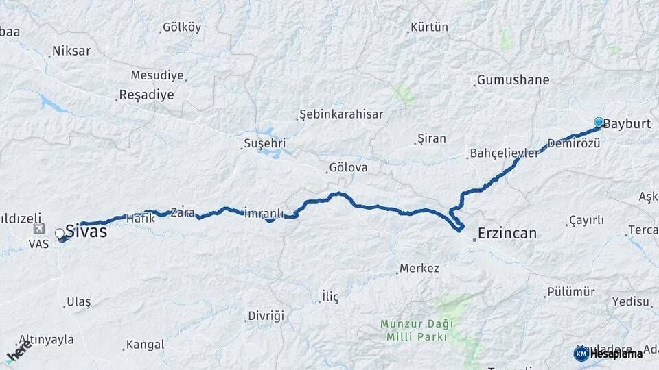 Bayburt Sivas Arası Kaç Km - Yol Haritası