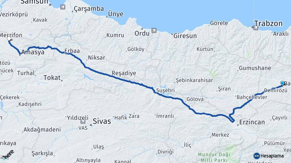 Bayburt Suluova Amasya Arası Kaç Km - Yol Haritası