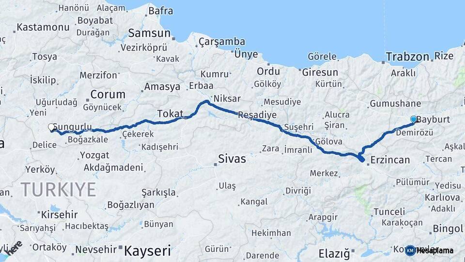 Bayburt Sungurlu Çorum Arası Kaç Km - Yol Haritası