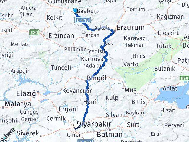 Bayburt Sur Diyarbakır Arası Kaç Km - Yol Haritası