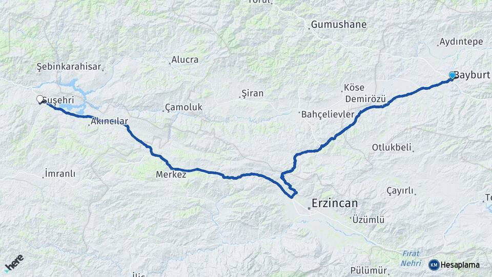 Bayburt Suşehri Sivas Arası Kaç Km - Yol Haritası