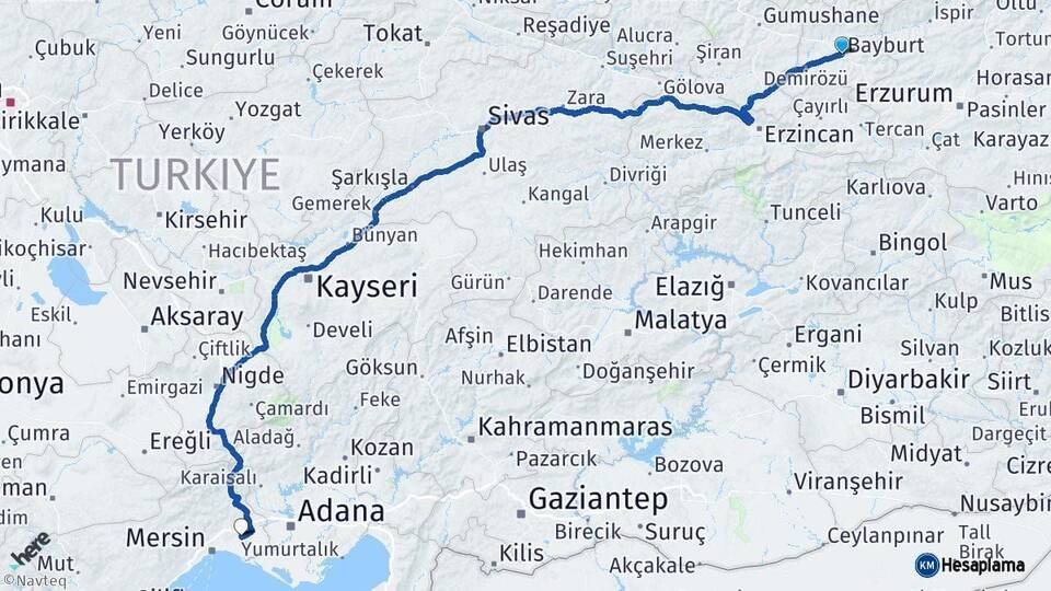 Bayburt Tarsus Mersin Arası Kaç Km - Yol Haritası