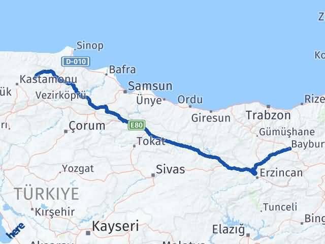 Bayburt Taşköprü Kastamonu Arası Kaç Km - Yol Haritası