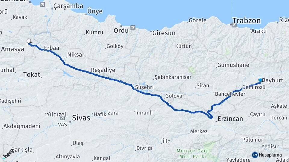 Bayburt Taşova Amasya Arası Kaç Km - Yol Haritası