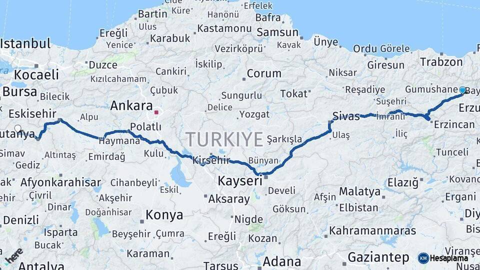 Bayburt Tavşanlı Kütahya Arası Kaç Km - Yol Haritası