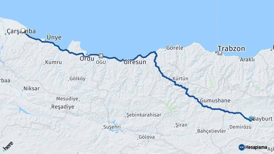 Bayburt Terme Samsun Arası Kaç Km - Yol Haritası