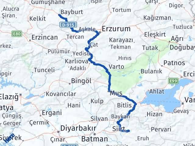 Bayburt Tillo Siirt Arası Kaç Km - Yol Haritası