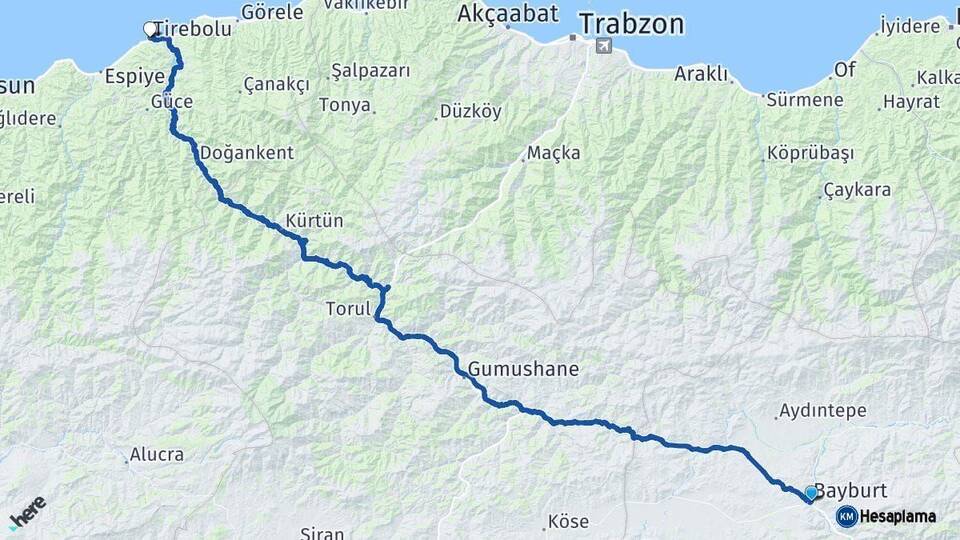 Bayburt Tirebolu Giresun Arası Kaç Km - Yol Haritası