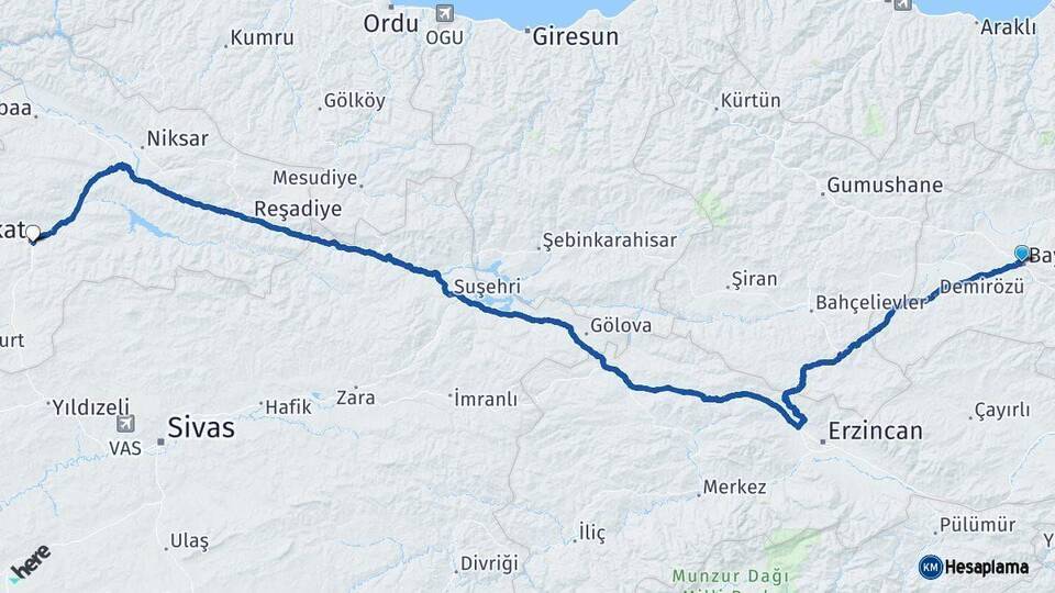 Bayburt Tokat Arası Kaç Km - Yol Haritası