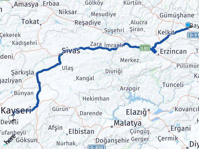 Bayburt Tomarza Kayseri Arası Kaç Km - Yol Haritası