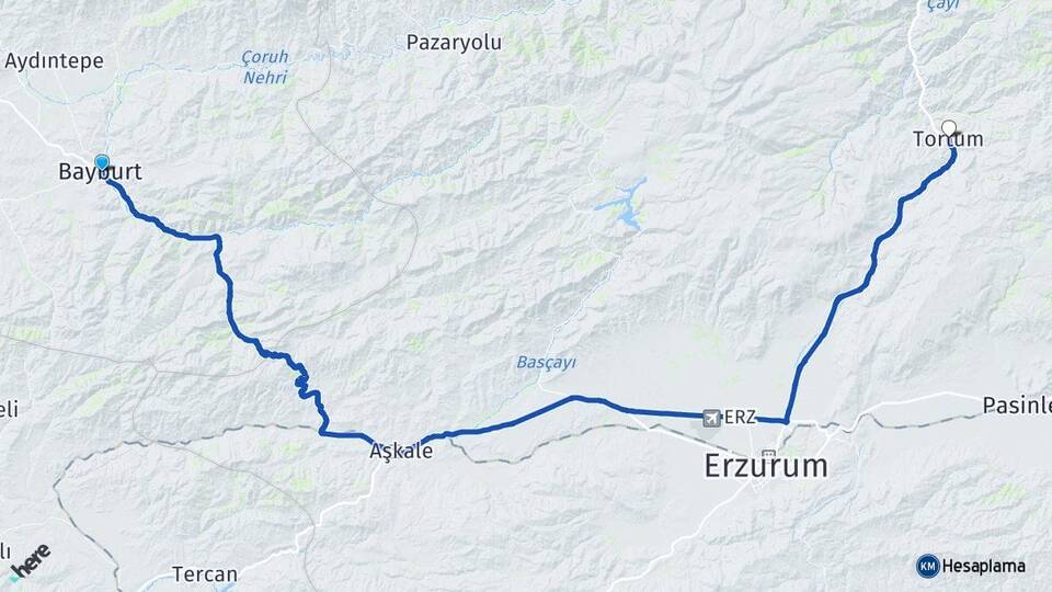 Bayburt Tortum Erzurum Arası Kaç Km - Yol Haritası