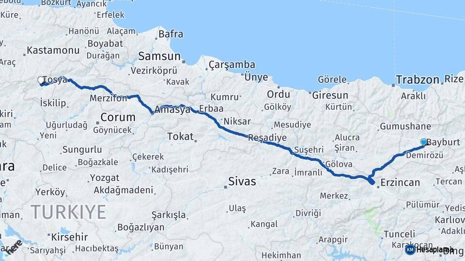 Bayburt Tosya Kastamonu Arası Kaç Km - Yol Haritası