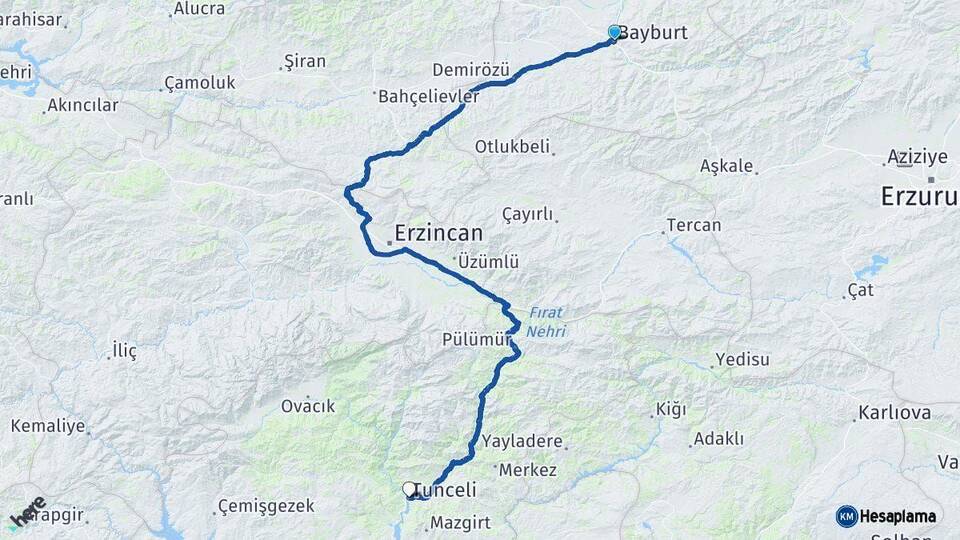 Bayburt Tunceli Arası Kaç Km - Yol Haritası