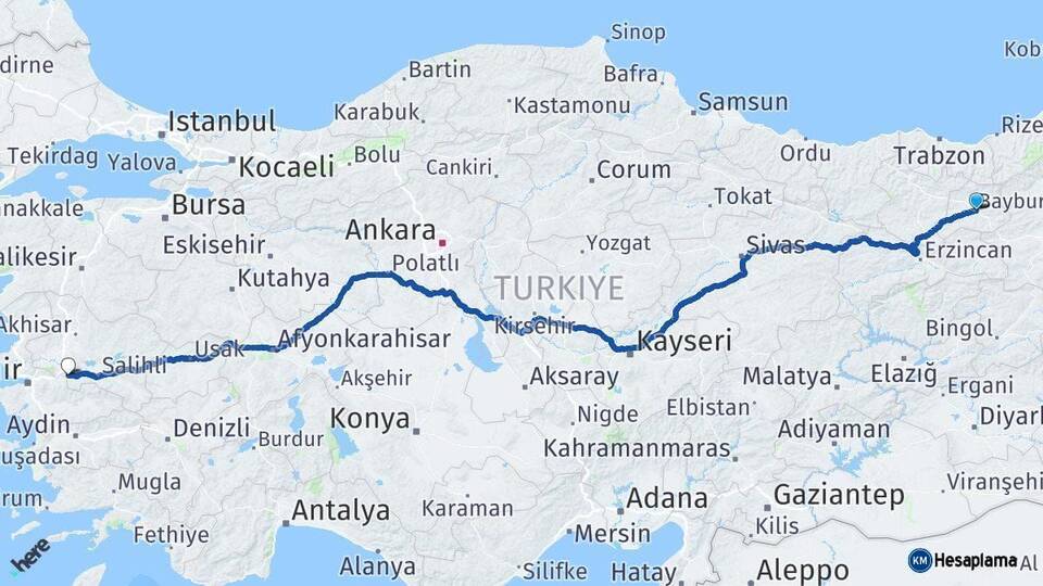 Bayburt Turgutlu Manisa Arası Kaç Km - Yol Haritası