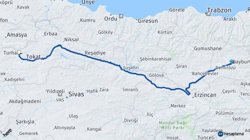 Bayburt Turhal Tokat Arası Kaç Km - Yol Haritası