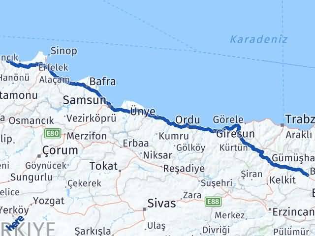 Bayburt Türkeli Sinop Arası Kaç Km - Yol Haritası