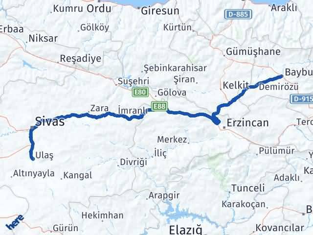 Bayburt Ulaş Sivas Arası Kaç Km - Yol Haritası