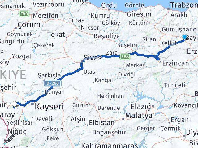 Bayburt Ürgüp Nevşehir Arası Kaç Km - Yol Haritası