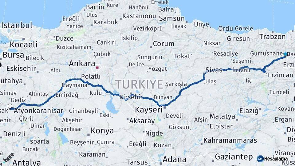 Bayburt Uşak Arası Kaç Km - Yol Haritası