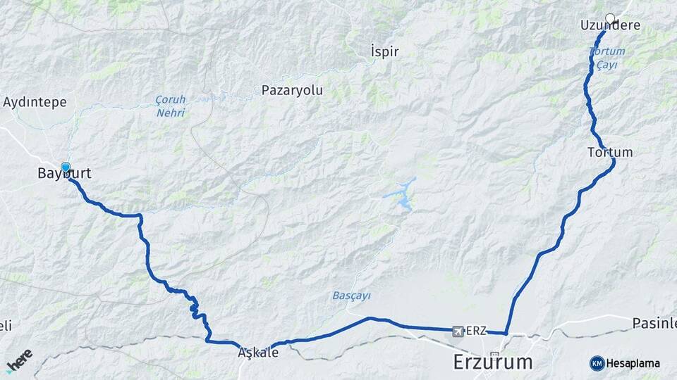 Bayburt Uzundere Erzurum Arası Kaç Km - Yol Haritası
